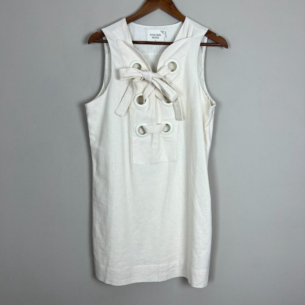Hyacinth House Tuckernuck Mini Dress Womens Medium‎ Ivory Linen Cotton Lace Up M - Picture 13 of 16